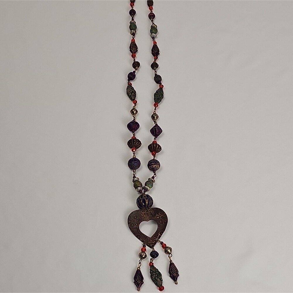 Long Artisan Bohemian Hand Painted Beaded Necklace Hammered Heart Pendant